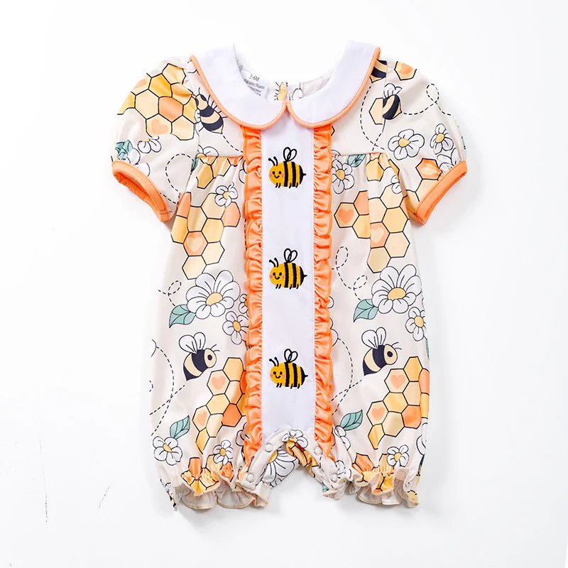(Custom Design Preorder MOQ 5) Bee Flowers Print Baby Girls Summer Romper