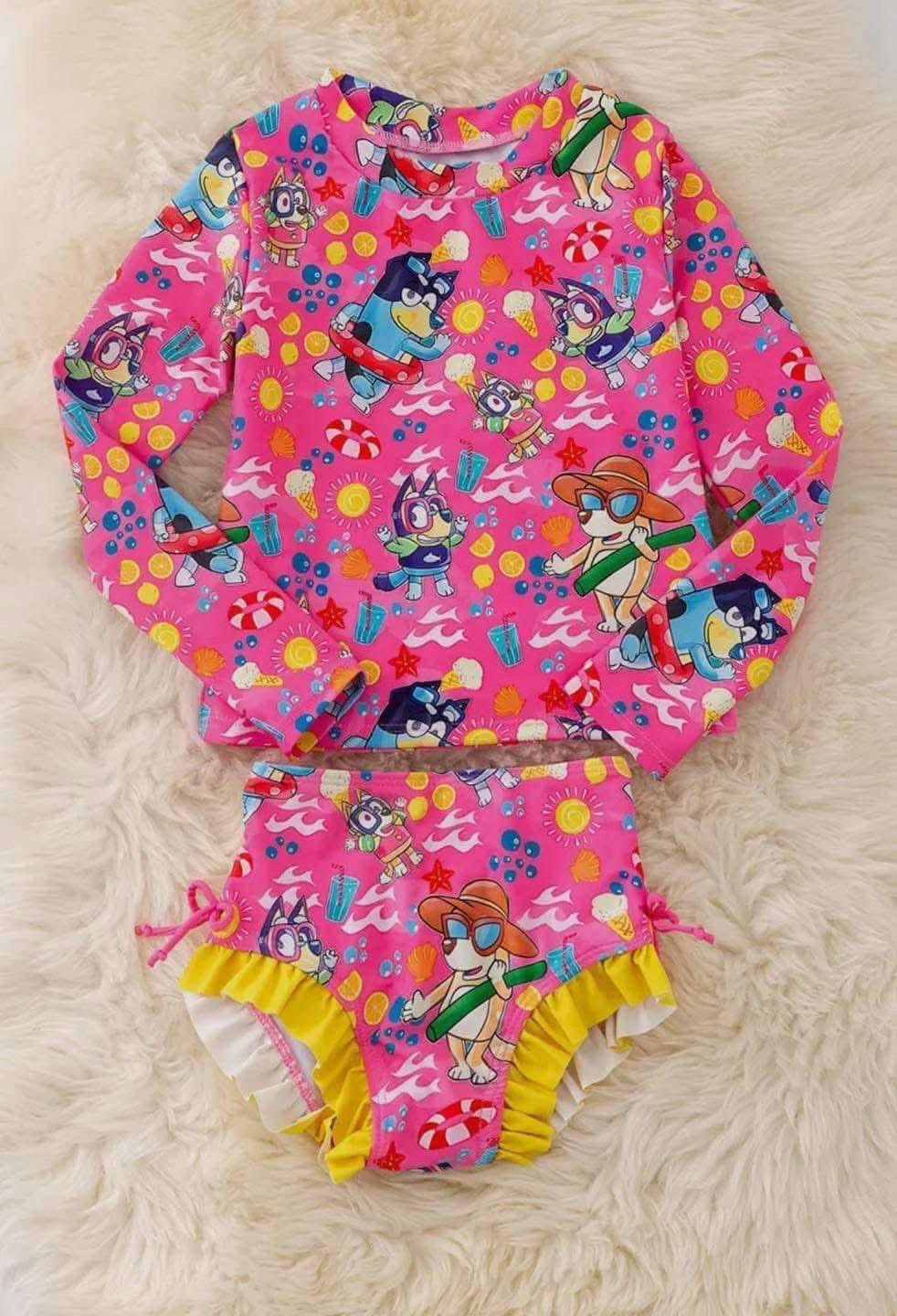 (Custom Design Preorder MOQ 5) Cartoon Dog Hotpink Print Girls 2 Pieces Swimsuits