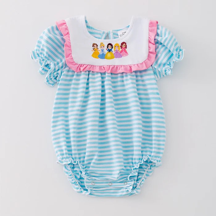 (Custom Design Preorder MOQ 5) Cartoon Princess Blue Stripes Print Baby Girls Summer Romper
