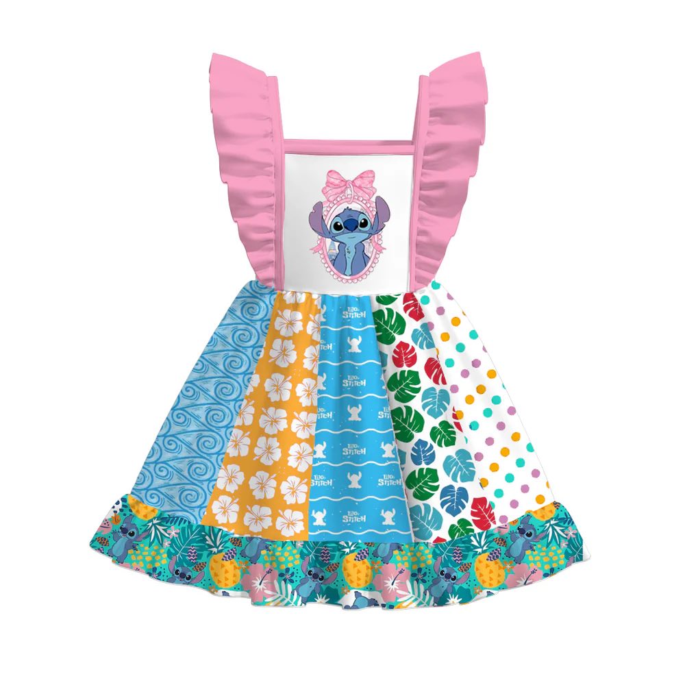 (Custom Design Preorder MOQ 5) Cartoon Stitc* Pink Bows Print Girls Summer Knee Length Dress