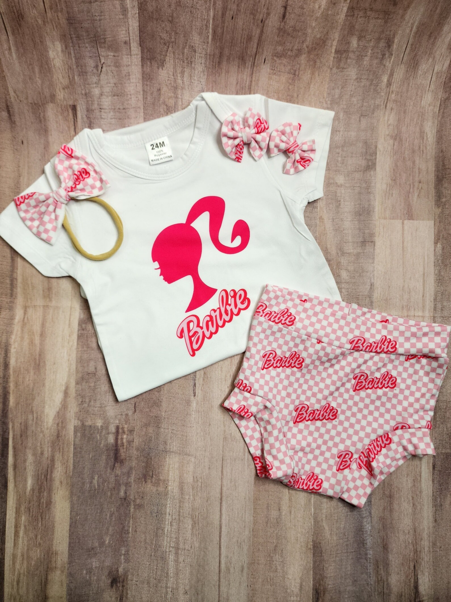 (Custom Design Preorder MOQ 5) Pink BA Plaid Print Baby Girls Summer Bummie Set