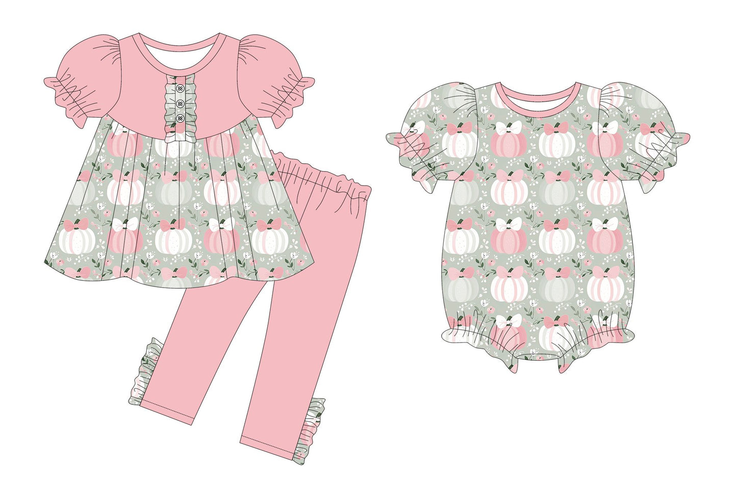 5.21(Custom Design Preorder MOQ 5 Each Design) Pumpkin Flowers Pink Print Girls Fall Matching Clothes Sisters Wear