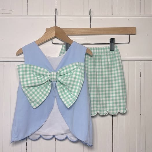 (Custom Design Preorder MOQ 5) Blue Backless Bow Top Plaid Shorts Girls Summer Clothes Set