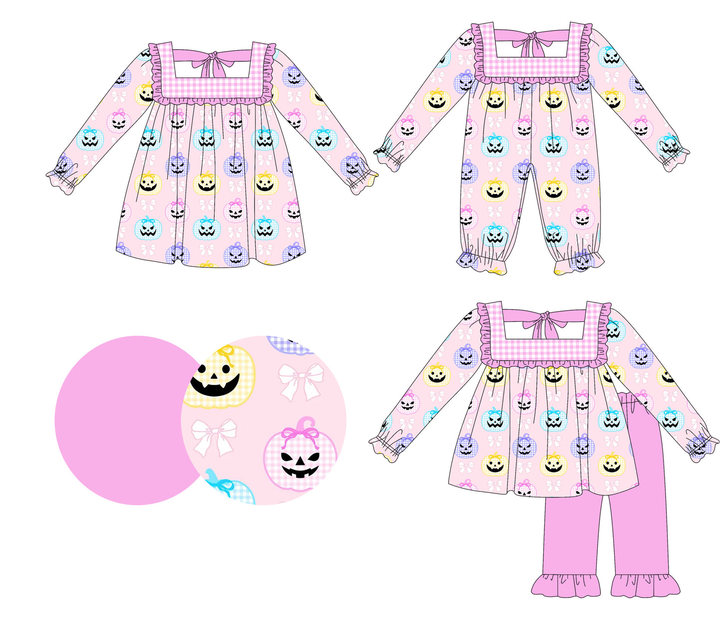 5.21(Custom Design Preorder MOQ 5 Each Design) Colorful Pumpkin Bows Print Girls Halloween Matching Clothes Sisters Wear