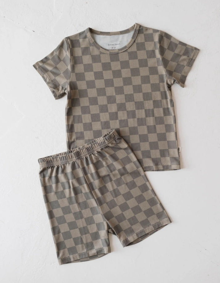(Custom Design Preorder MOQ 5) Dark Grey Plaid Shorts Boys Summer Clothes Set