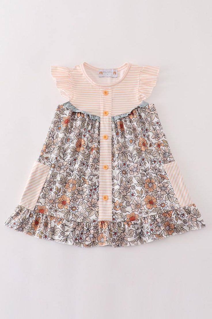 (Custom Design Preorder MOQ 5) Flowers Stripes Print Pockets Girls Summer Knee Length Dress