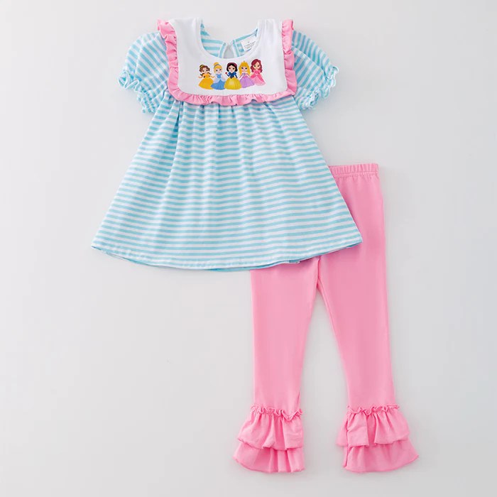 (Custom Design Preorder MOQ 5) Cartoon Princess Blue Stripes Tunic Top Pink Pants Girls Clothes Set