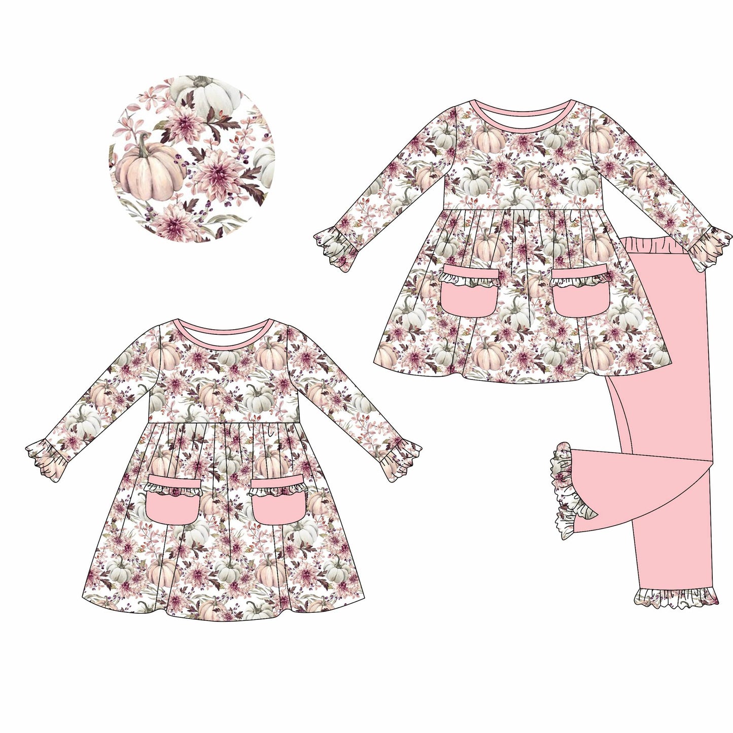 5.21(Custom Design Preorder MOQ 5 Each Design) Pumpkin Flowers Print Pockets Girls Fall Matching Clothes Sisters Wear