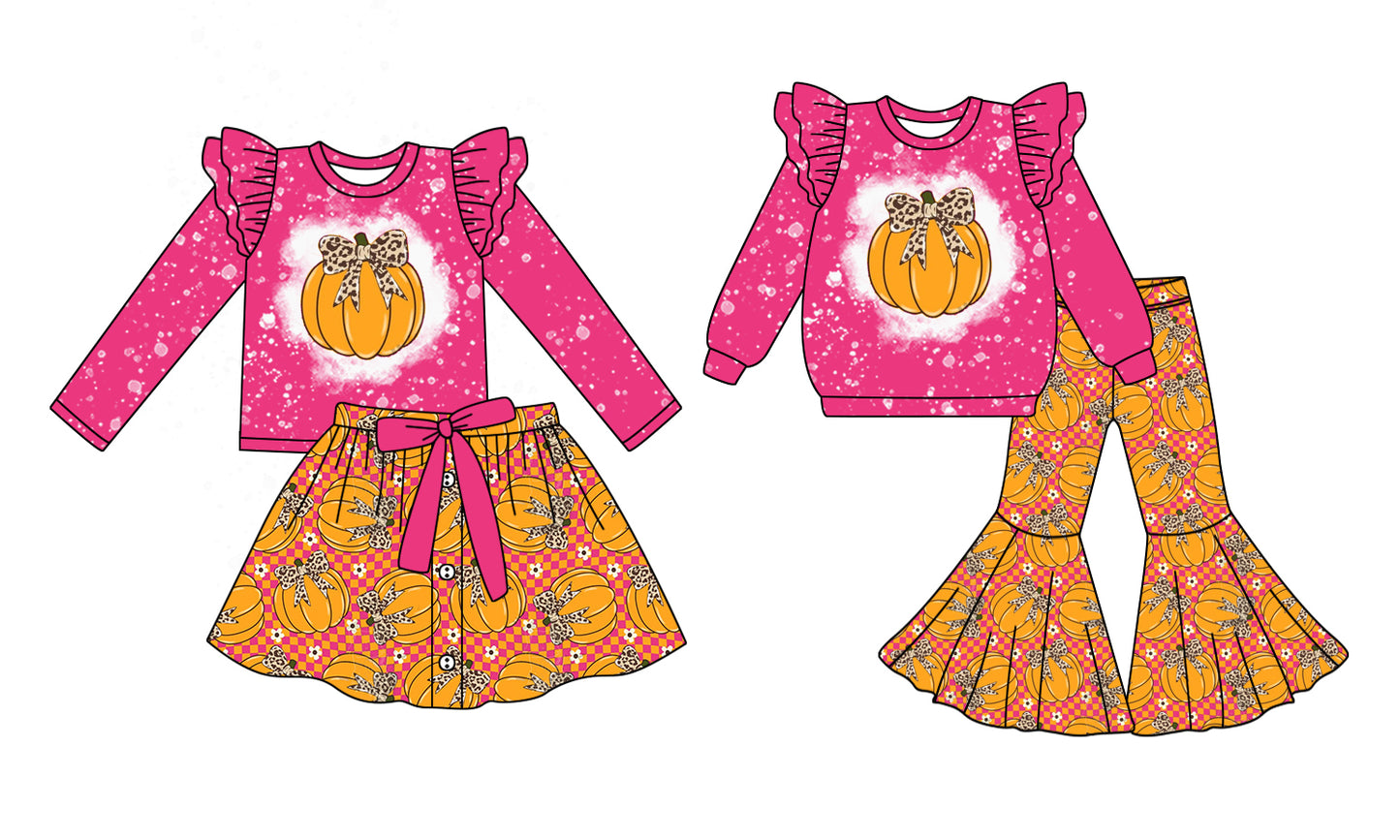 5.21(Custom Design Preorder MOQ 5 Each Design) Pumpkin Bows Leopard Print Girls Fall Matching Clothes Sisters Wear