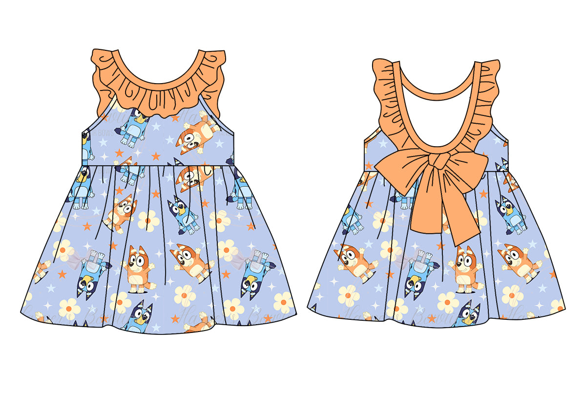 (Custom Design Preorder MOQ 5) Cartoon Dog Flowers Print Girls Summer Knee Length Dress