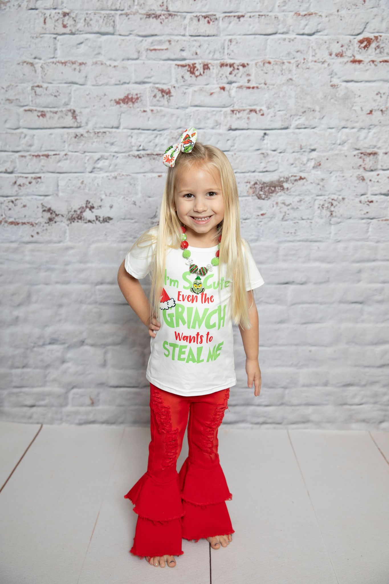 GSPO1107 I'm So Cute Christmas Green Frog Top Red Denim Hole Bell Jeans Girls Clothes Set