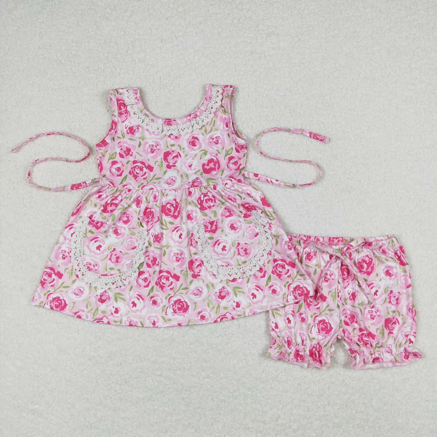 Flowers Print Pockets Girls Summer Clothes Set Sisters Wear