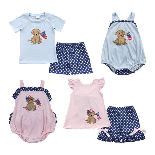 Dog Flag Embroidery Stars Print Sibling 4th of July Matching Clothes