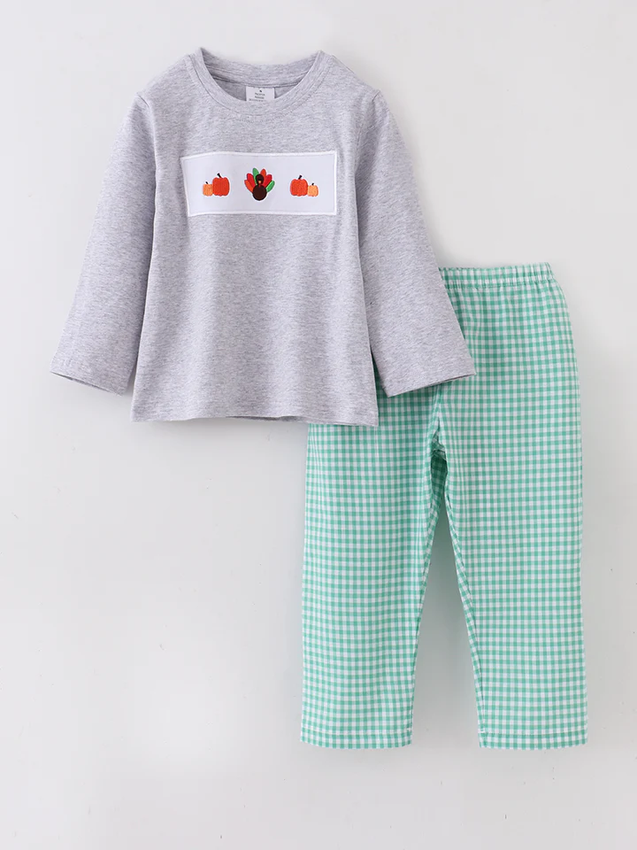 (Custom Design Preorder MOQ 5) Turkey Pumpkin Grey Top Plaid Pants Boys Clothes Set