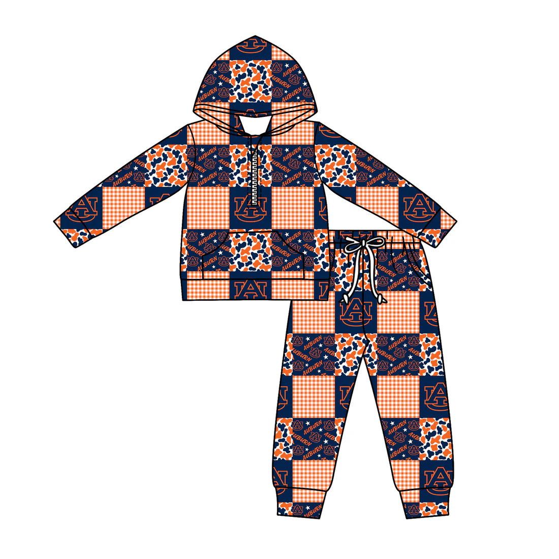 (Custom Design Preorder MOQ 5) Team's Auburn Plaid Print Zipper Hoodie Top Pockets Pants Kids Fall Clothes Set
