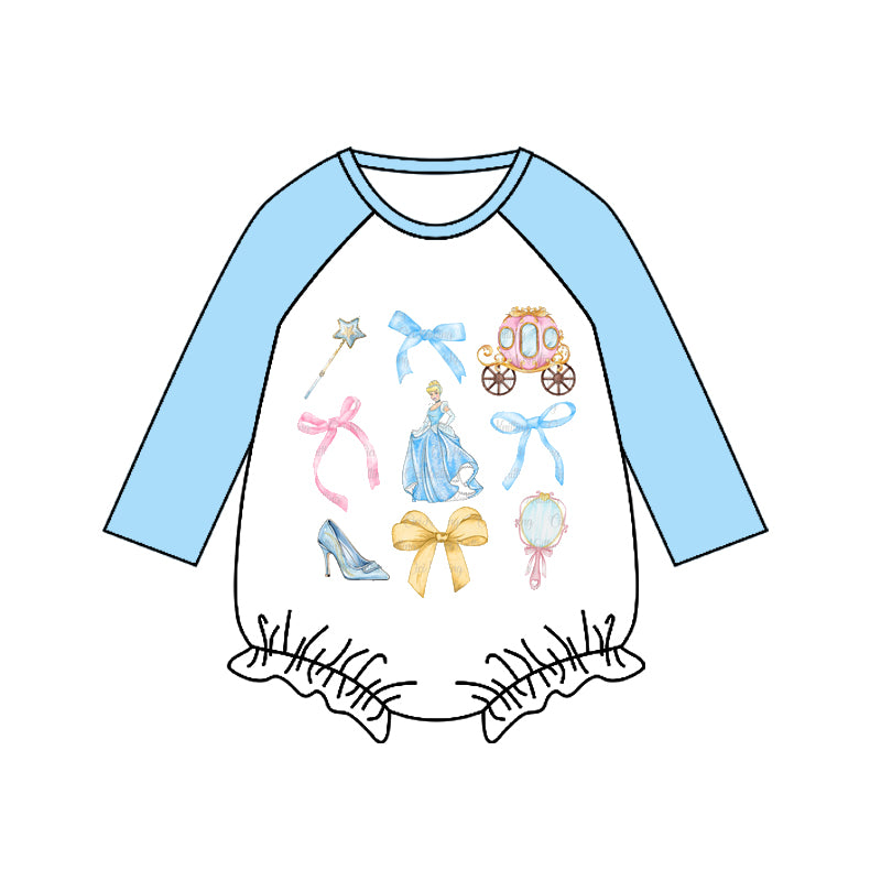 (Custom Design Preorder MOQ 5) Cartoon Princess Blue Print Baby Girls Romper