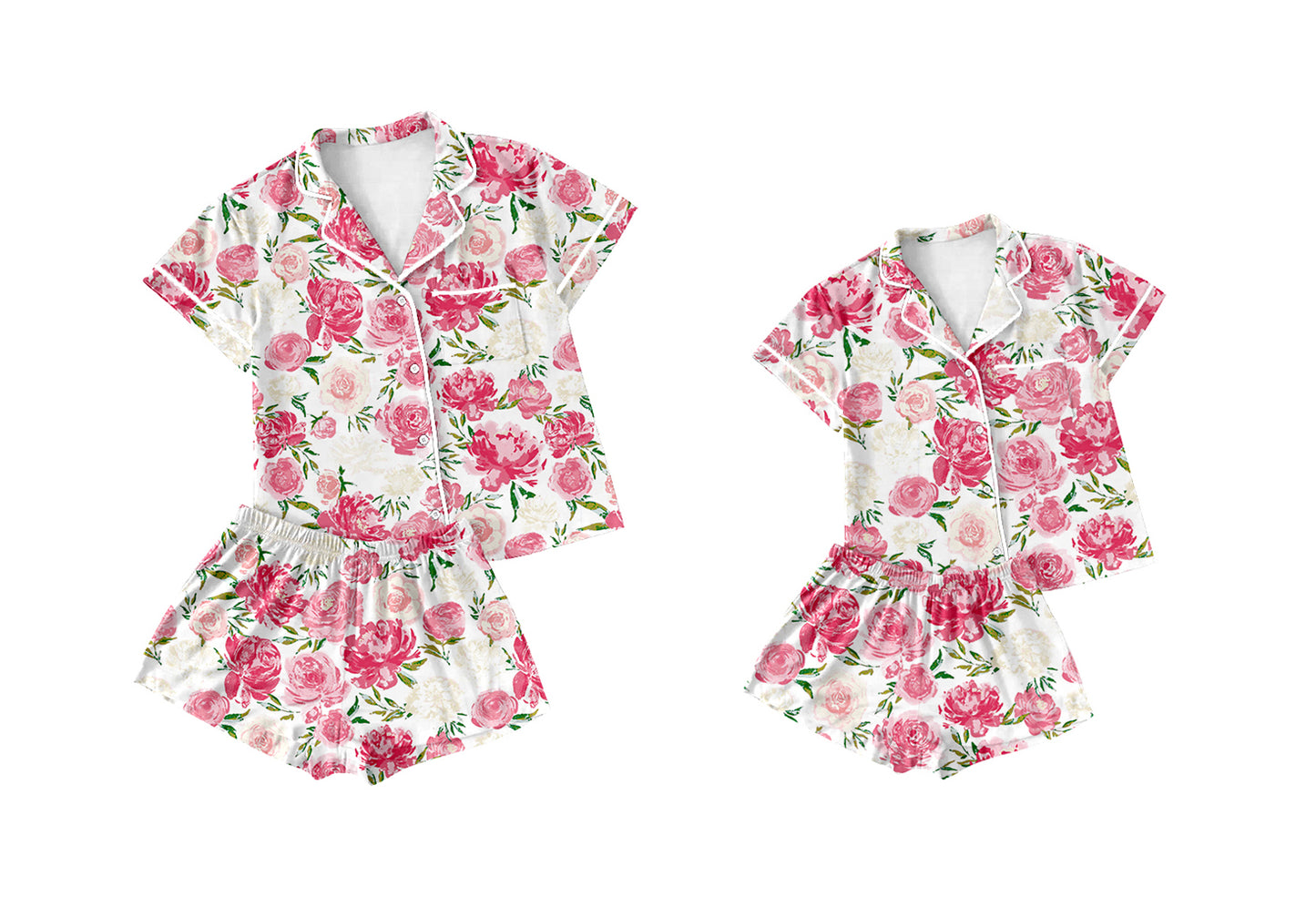 12.10(Custom Design Preorder MOQ 5 Each Design) Pink Flowers Print Buttons Pajamas Sets Mom and Me Summer Matching Clothes