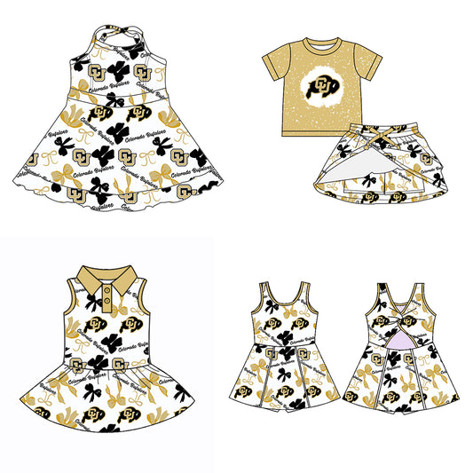 (Custom Design Preorder MOQ 5 Each Color) Team's Colorado Bufaloes Bows Print Girls Summer Clothes Sisters Matching Wear