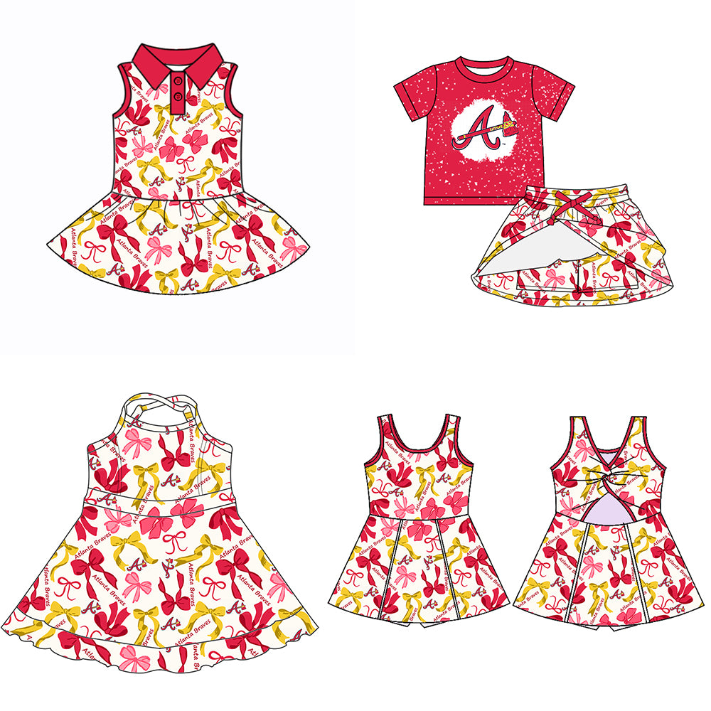 (Custom Design Preorder MOQ 5 Each Color) Team's BRAVES Bows Print Girls Summer Clothes Sisters Matching Wear