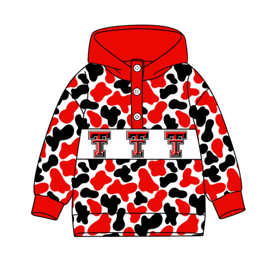 (Custom Design Preorder MOQ 5) Team's Texas Tech Red Raiders Camo Print Kids Long Sleeve Buttons Hoodie Top