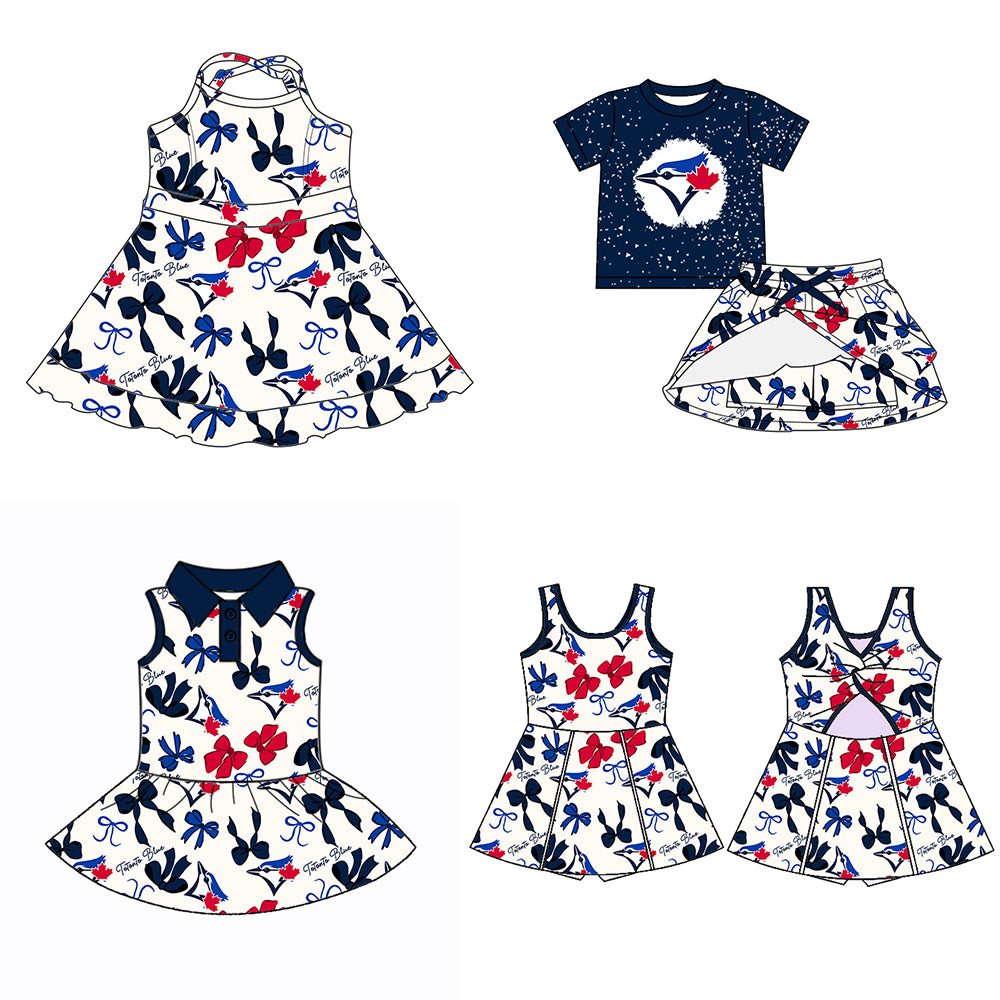 (Custom Design Preorder MOQ 5 Each Color) Team's TOTONTO BLUE Bows Print Girls Summer Clothes Sisters Matching Wear