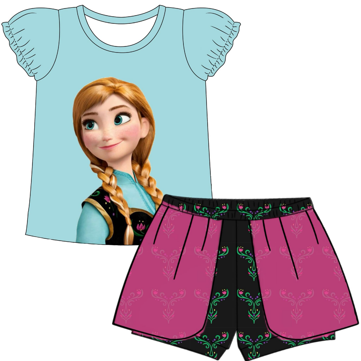 (Custom Design Preorder MOQ 5) Cartoon Princess Print Girls Summer Clothes Set