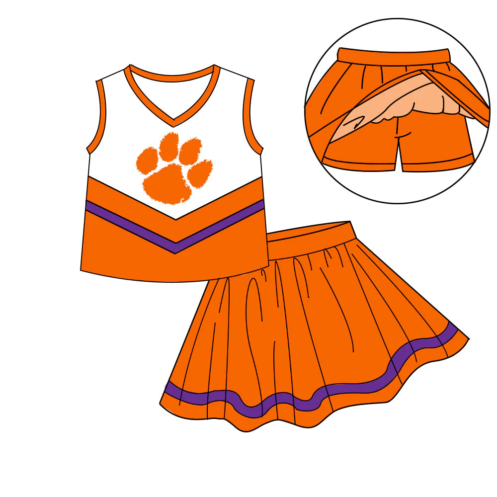 (Custom Design Preorder MOQ 5) Team's Clemson Tigers Paw Top Skirts Shorts Girls Summer Clothes Sets