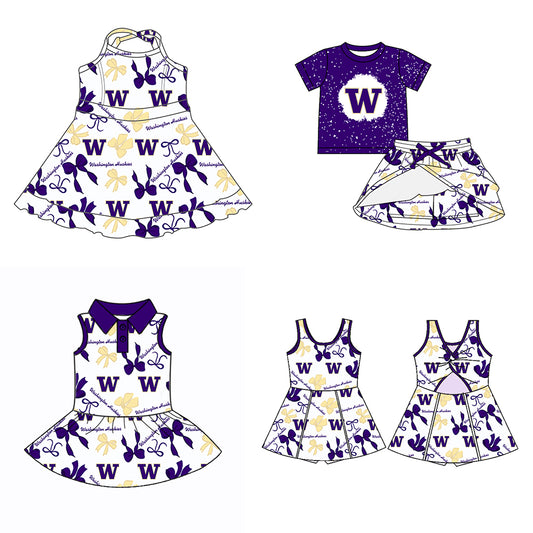 (Custom Design Preorder MOQ 5 Each Color) Team's Washington Huskies Bows Print Girls Summer Clothes Sisters Matching Wear