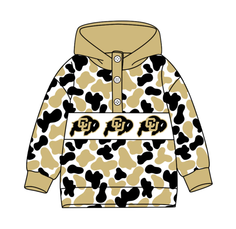 (Custom Design Preorder MOQ 5) Team's Colorado Buffaloes Camo Print Kids Long Sleeve Buttons Hoodie Top