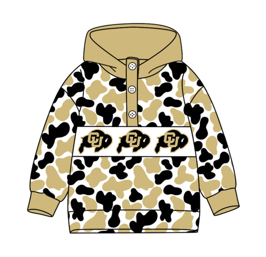 (Custom Design Preorder MOQ 5) Team's Colorado Buffaloes Camo Print Kids Long Sleeve Buttons Hoodie Top