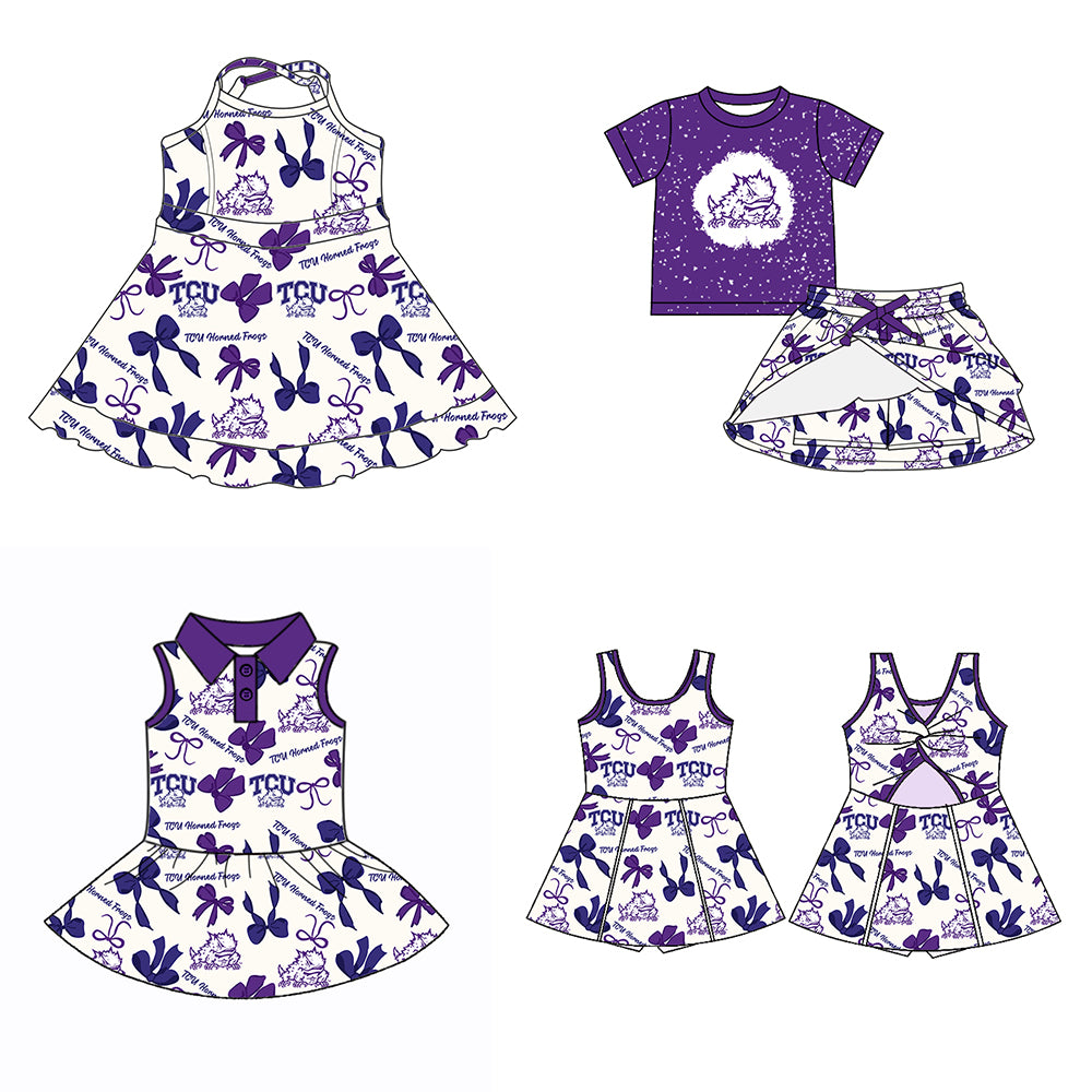 (Custom Design Preorder MOQ 5 Each Color) Team's TCU Horned Frogs Bows Print Girls Summer Clothes Sisters Matching Wear