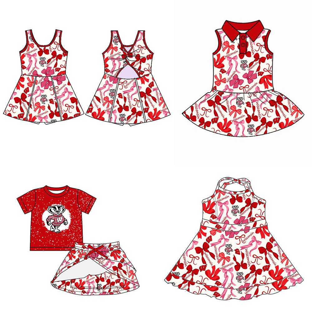 (Custom Design Preorder MOQ 5 Each Color) Team's Wisconsin Bows Print Girls Summer Clothes Sisters Matching Wear
