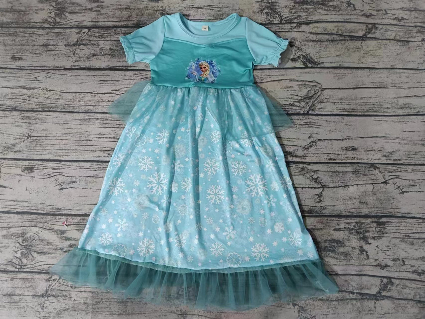 (Custom Design Preorder MOQ 5) Cartoon Princess Print Blue Tulle Girls Ankle Length Summer Dress