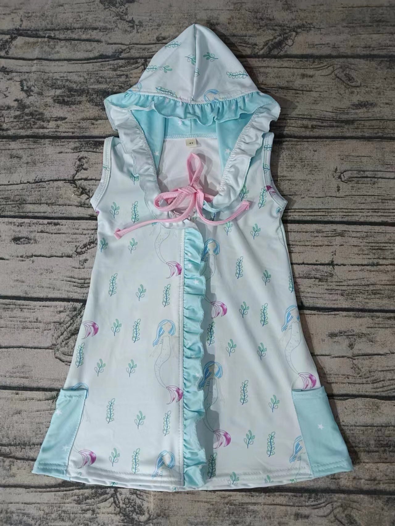 (Custom Design Preorder MOQ 5) Mermaid Print Girls Hooded Swimming Coverup