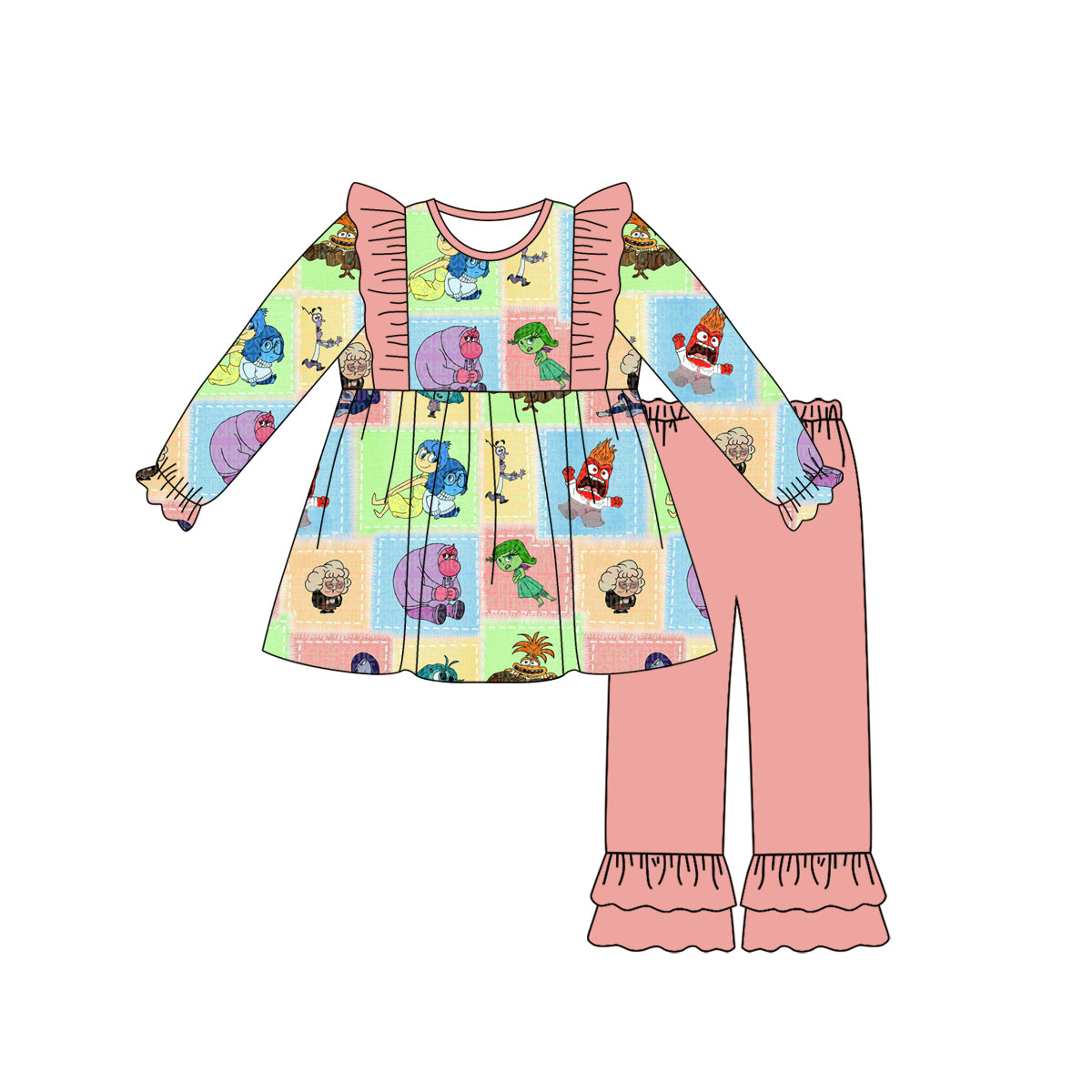 (Custom Design Preorder MOQ 5) Cartoon Figure Inside Out Tunic Top Ruffle Pants Girls Clothes Set