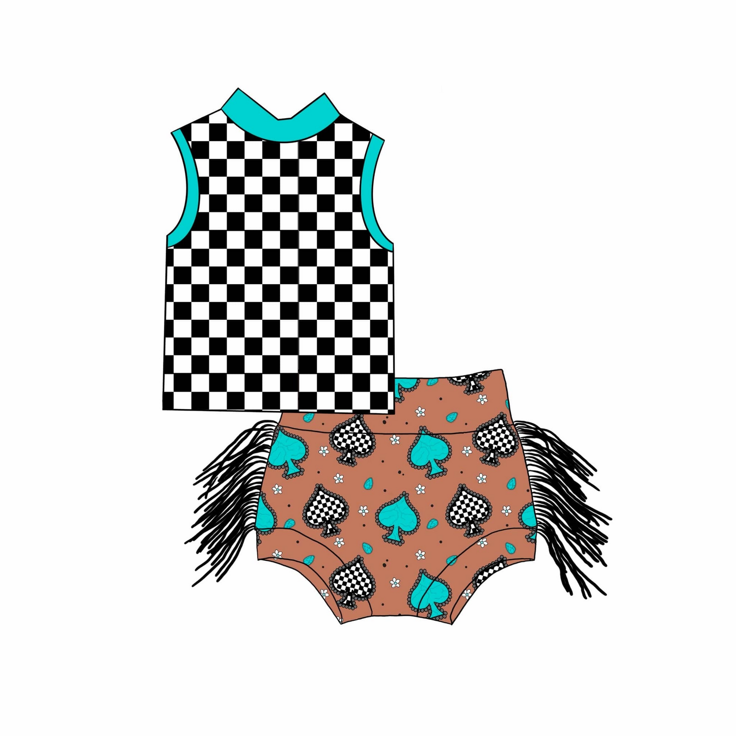 (Custom Design Preorder MOQ 5) Black Plaid Top Turquoise Tassels Shorts Baby Girls Western Bummie Set