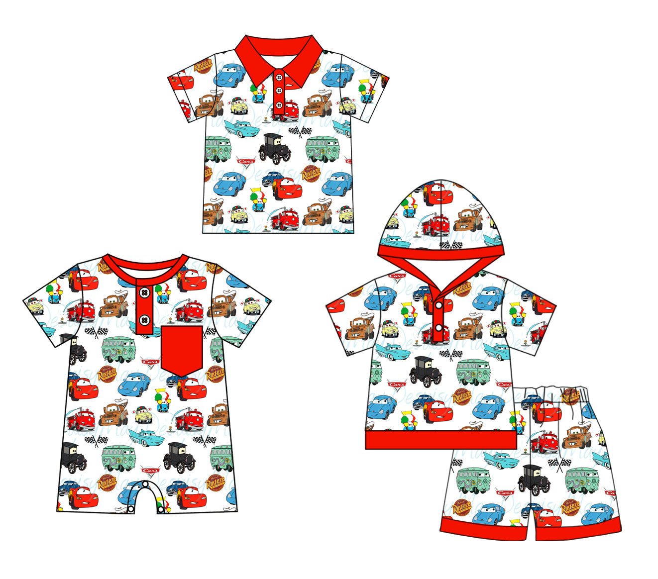 4.2(Custom Design Preorder MOQ 5 Each Design) Cartoon Cars Print Boys Summer Matching Clothes Brothers Wear