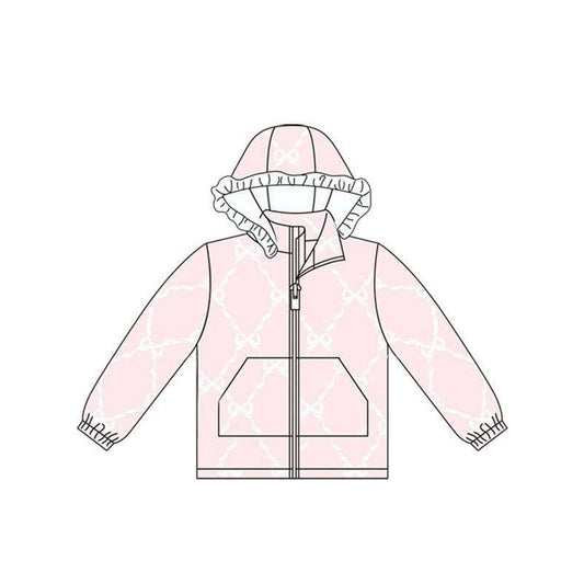 (Custom Design Preorder MOQ 5) Pink Bows Print Girls Long Sleeve Zipper Pockets Jacket Top
