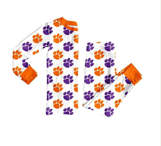(Custom Design Preorder MOQ 5) Team's Orange Purple Paw Print Pants Boys Pajamas Clothes Set