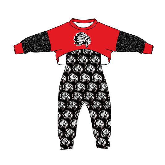 (Custom Design Preorder MOQ 5 ) Team's Wapakoneta Print Jumpsuits Girls Fall Clothes Set