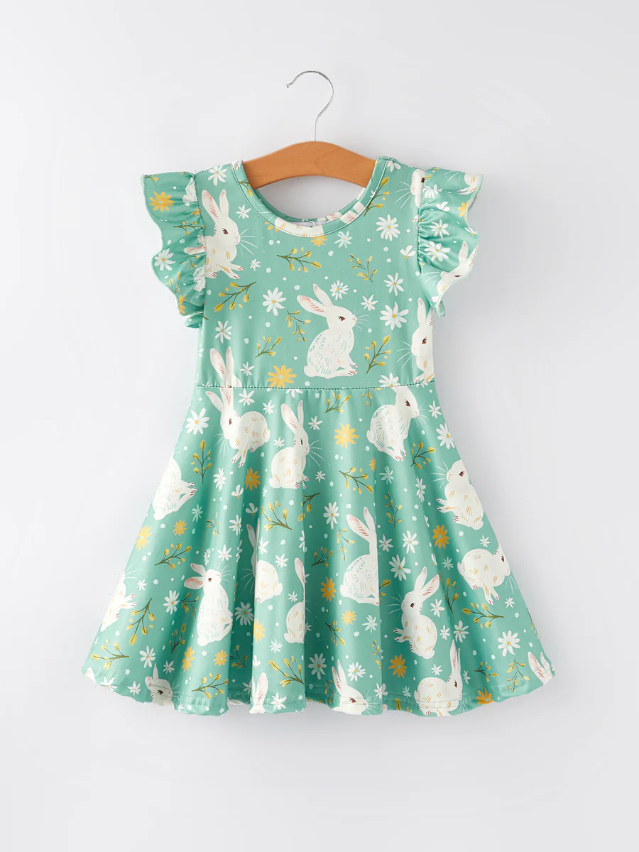 (Custom Design Preorder MOQ 5) Bunny Flowers Green Print Girls Easter Knee Length Dress