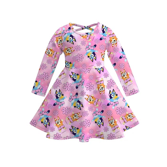 (Custom Design Preorder MOQ 5) Cartoon Dog Flowers Pink Print Girls Knee Length Dress
