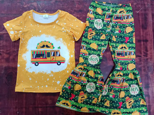 (Custom Design Preorder MOQ 5) Taco's Print Bell Pants Girls Clothes Set