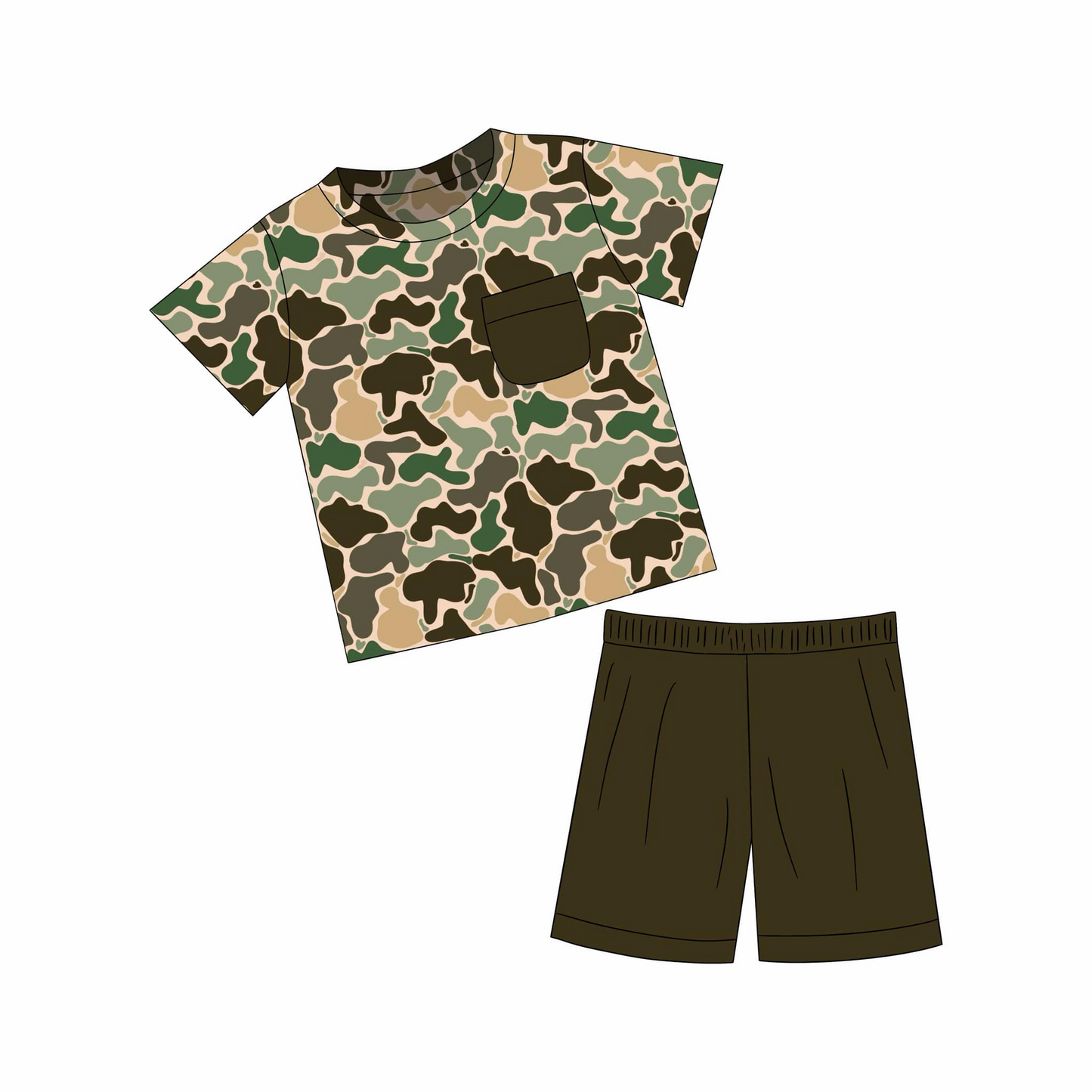 (Custom Design Preorder MOQ 5) Camo Pocket Top Dark Brown Shorts Boys Summer Clothes Set