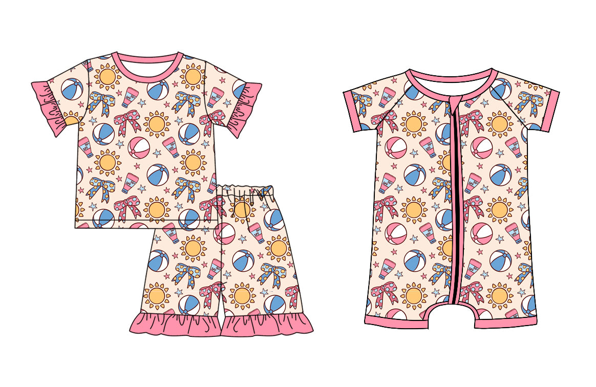 1.6(Custom Design Preorder MOQ 5 Each Design) Bows Balls Print Girls Summer Matching Clothes Sisters Wear