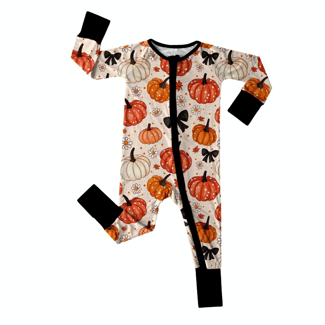 (Custom Design Preorder MOQ 20) Pumpkin Flowers Print Baby Girls Fall Bamboo Sleeper Zipper Romper