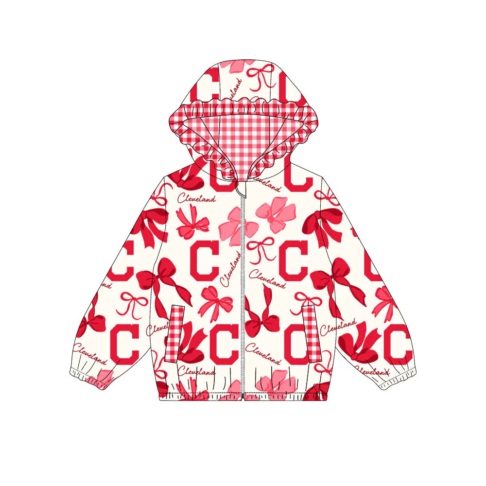 (Custom Design Preorder MOQ 5) Team's Cleveland Bows Print Pockets Girls Long Sleeve Zipper Jackets Top