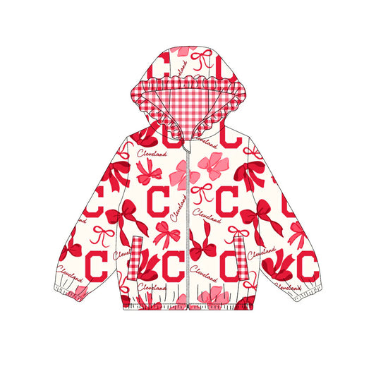 (Custom Design Preorder MOQ 5) Team's Cleveland Bows Print Pockets Girls Long Sleeve Zipper Jackets Top