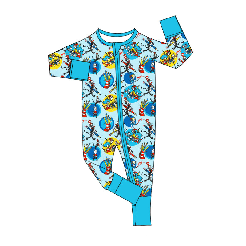 (Custom Design Preorder MOQ 20) Dr.Reading Pen Blue Print Baby Boys Bamboo Sleeper Zipper Romper