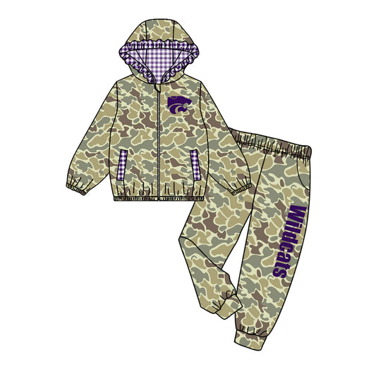(Custom Design Preorder MOQ 5) Team's WILDCATS Camo Print Hoodie Zipper Top Pockets Pants Girls Fall Clothes Set